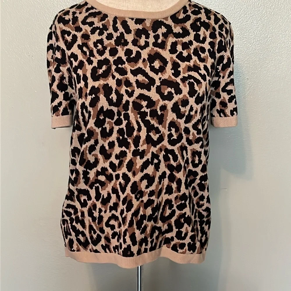J.Crew short sleeve crew neck sweater blouse all over animal print, tan/brown